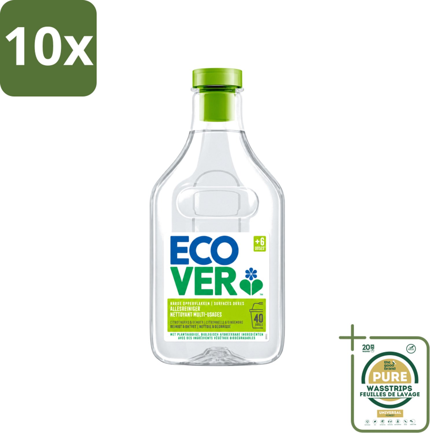 10 x Ecover - Allesreiniger - Citroengras & Gember - 1 liter - Wasstrips - Ecover Allesreiniger - Natuurlijke Reiniger - Plantaardige Reiniger - Citroengras En Gember - Reiniger Voor Vloeren