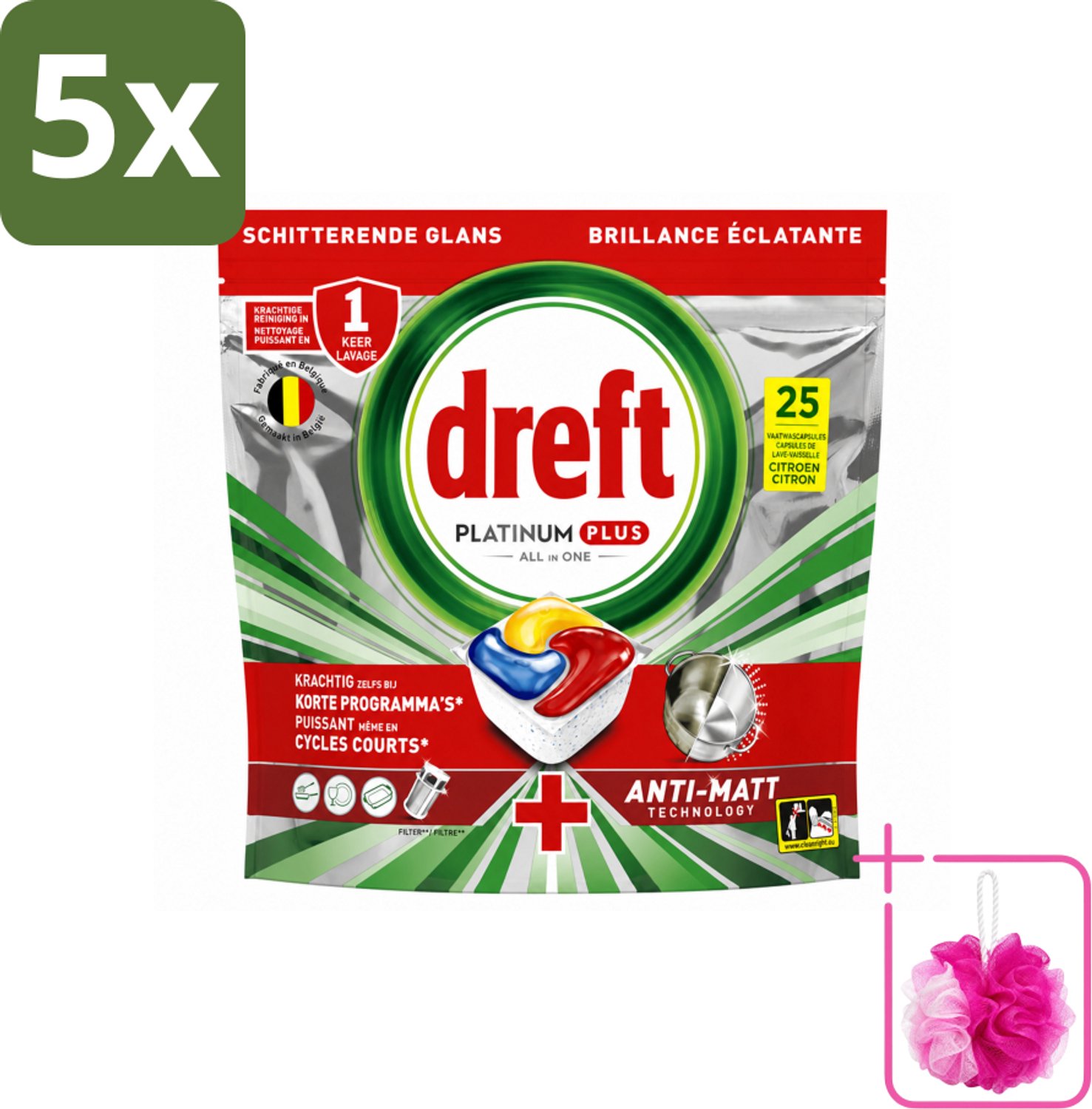 5 x Dreft - Vaatwastabletten - Platinum Plus All-in-One Citroen - Frisse geur - 25 Tabletten - Bulkverpakking - Vaatwasmachine - Douchemop - Vaat reinigen