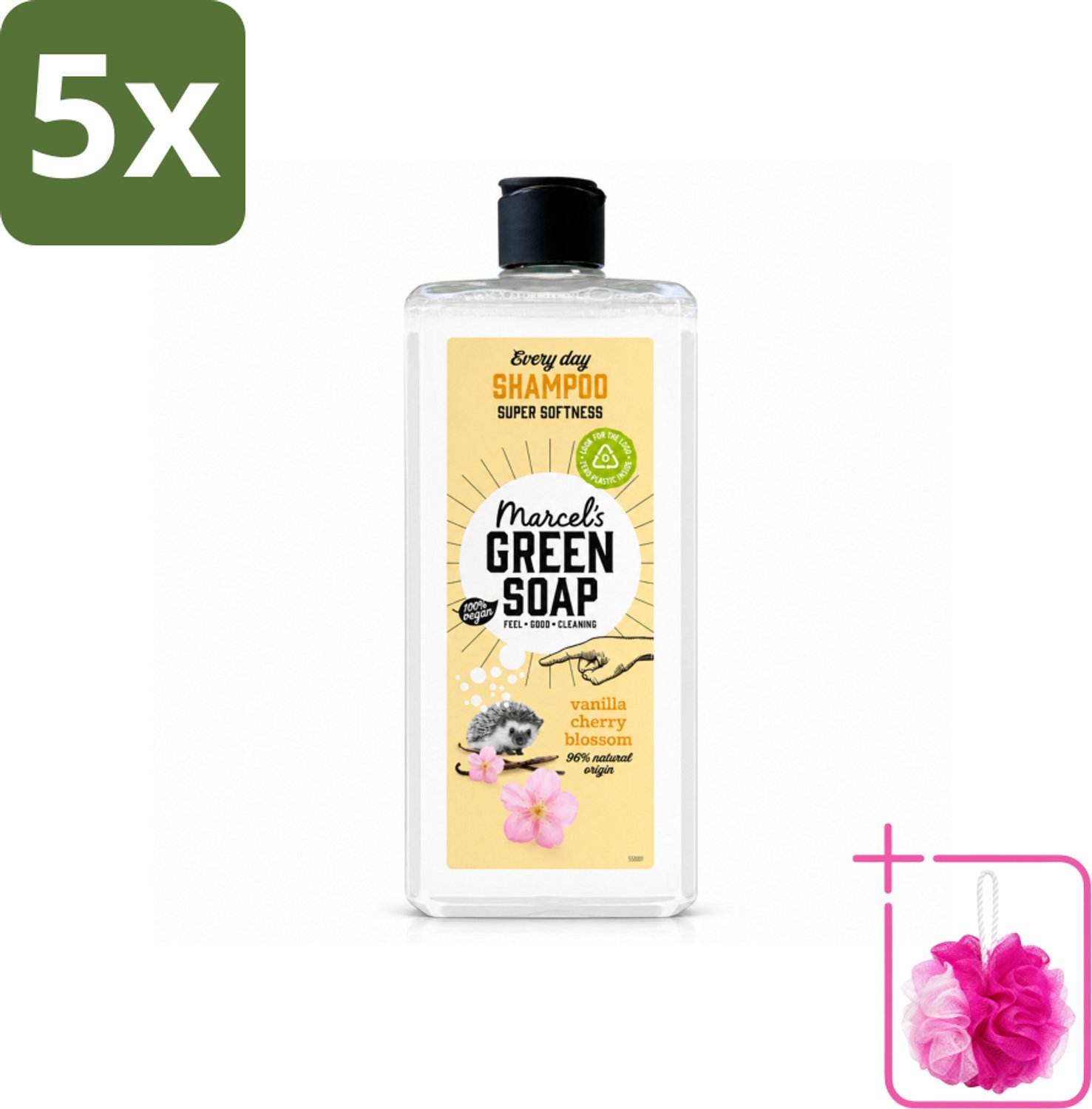 5 x Marcel's Green Soap - Every Day Shampoo - Vanilla & Cherry Blossom - Versterkt & verzorgt - 300 ml - Bulkverpakking - Dagelijks shampoo - Douchemop - Natuurlijke shampoo