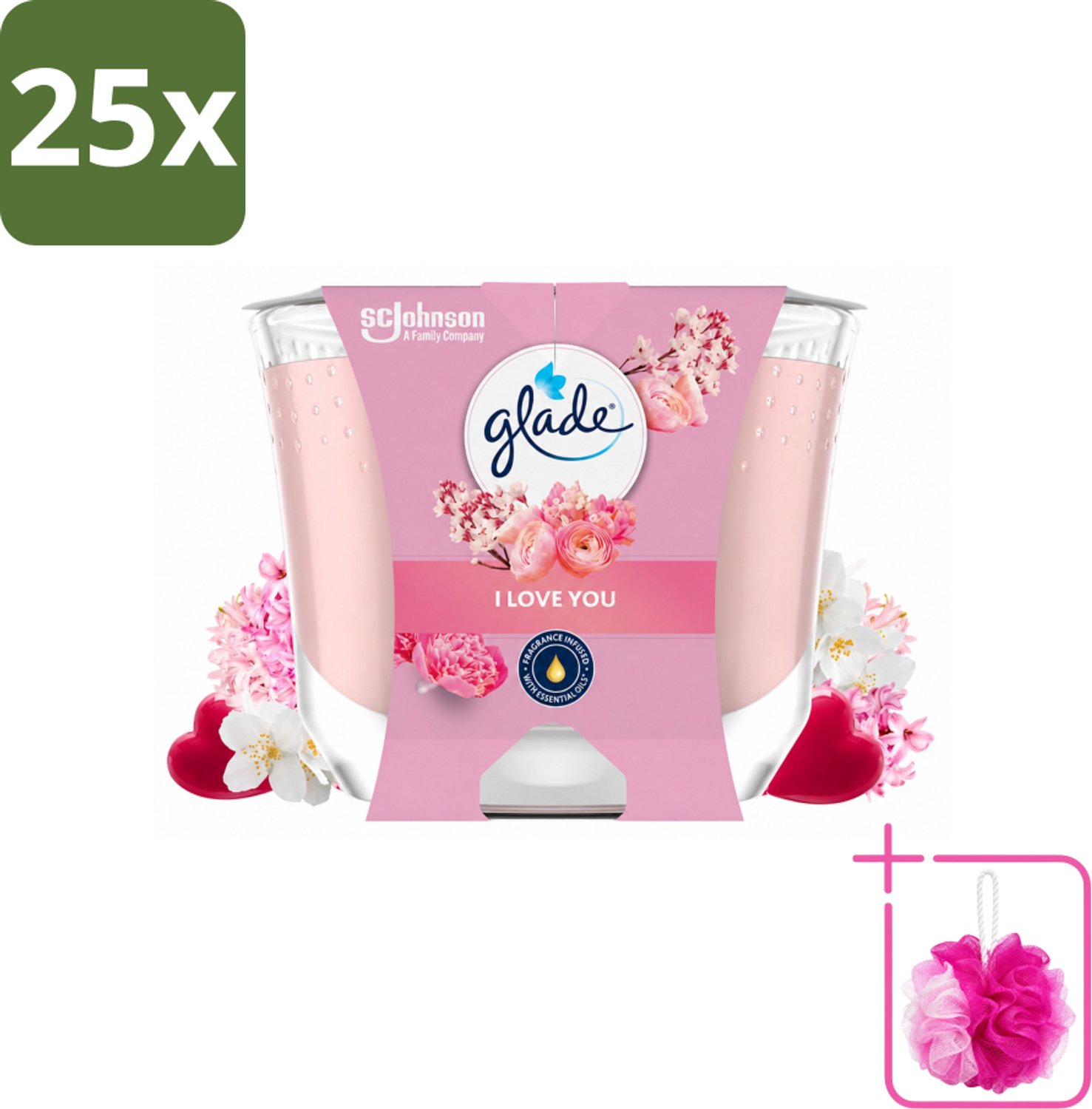 25 x Glade - Geurkaars I Love You - 100% Raapzaadwas - 204 g - Bulkverpakking - Geurkaars - Douchemop - Romantische geur