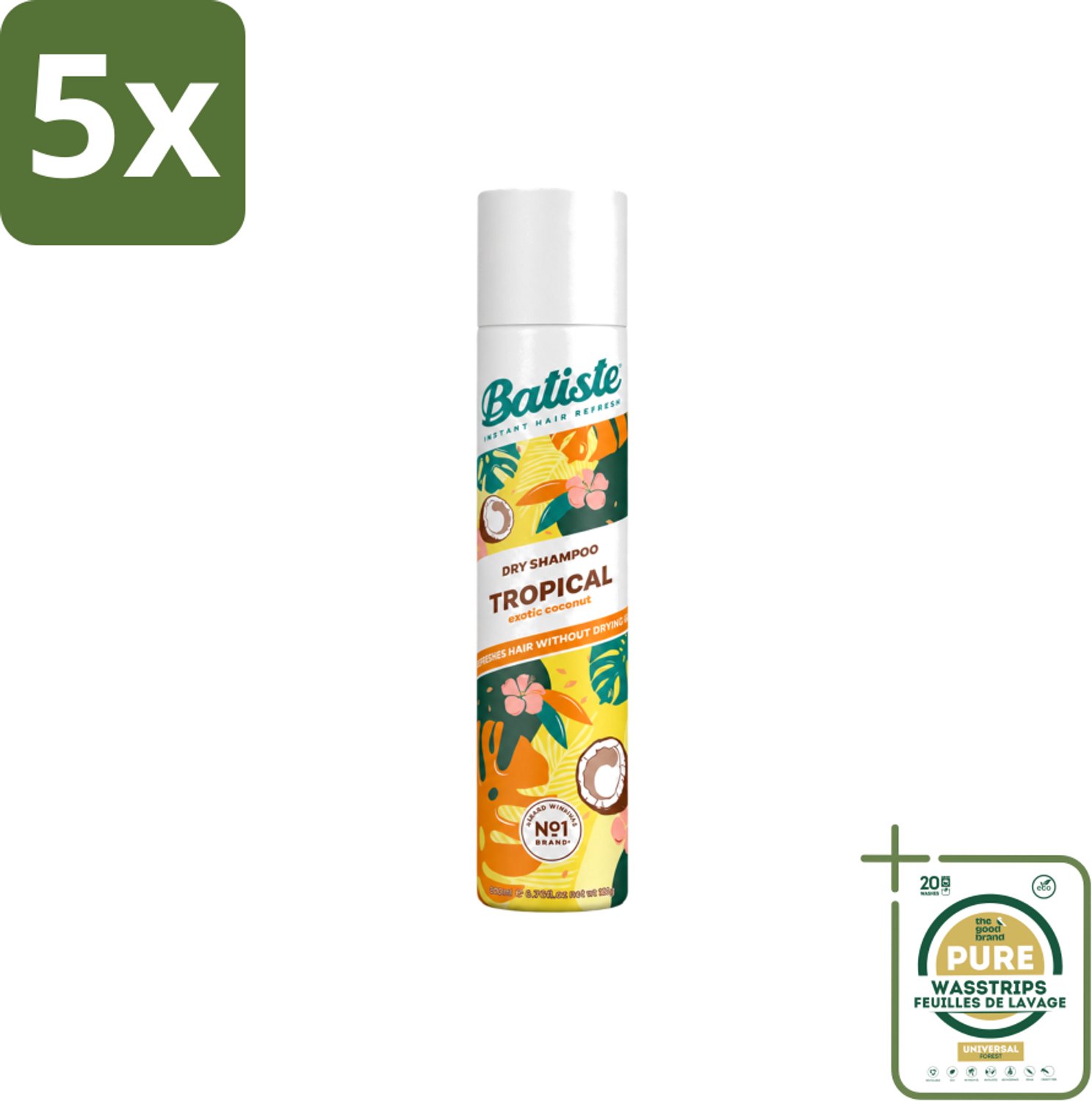 5 x Batiste - Tropical - Droogshampoo - Tropische Geur - Verfrist en Stylet - 200ml - Wasstrips - Droogshampoo - Tropische Geur - Fris Haar - Vet Haar - Haarkleur