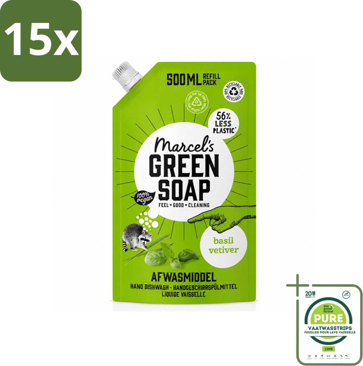 15 x Marcel's Green Soap - Navulling - Afwasmiddel - Basilicum & Vetiver Gras - Plantaardig & duurzaam - 500 ml - Grootverpakking - Vaatwasstrips - Afwasmiddel - Navulverpakking - Basilicum - Vetiver - Plantaardig