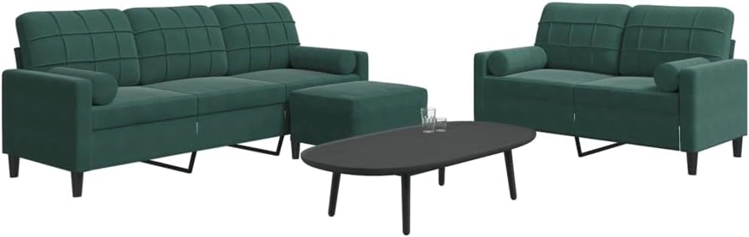 3-delige bankset met kussen en nekrollen in donkergroen, fluweel, zachte velours sofa set met metalen frame, comfortabele bekleding en veelzijdige kruk voor woonkamer