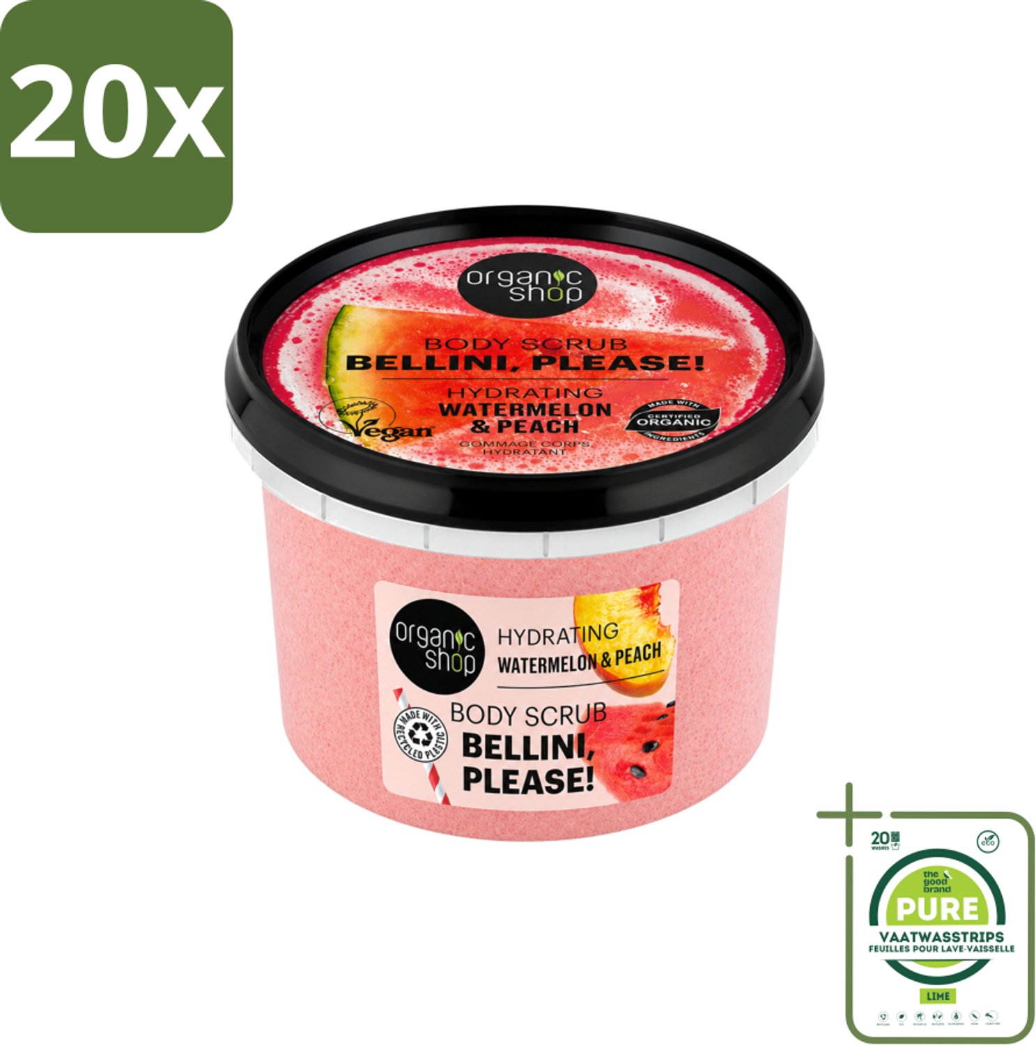 20 x Organic Shop - Body Scrub Watermelon & Peach - Hydratatie en Frisheid - 250 ml - Grootverpakking - Vaatwasstrips - Bodyscrub - Hydraterende Scrub - Exfoliatie - Zachte Exfoliatie - Watermeloen Scrub