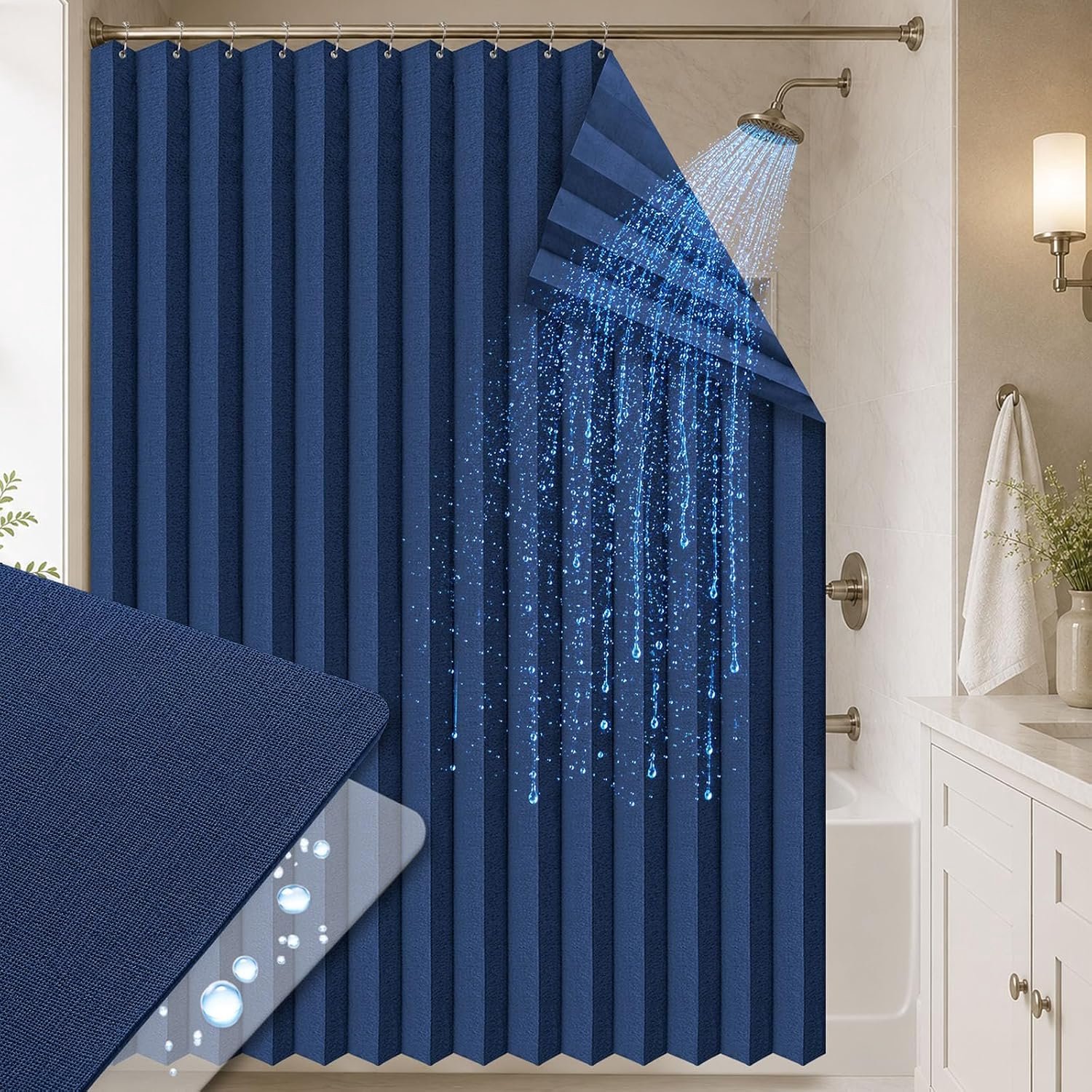 Douchegordijn voor badkamer, ruimtebesparend douchegordijn met waterdichte coating, ideaal voor thuis, sportschool en camper, donkerblauw, 183 x 196 cm (h x b), 1 stuk