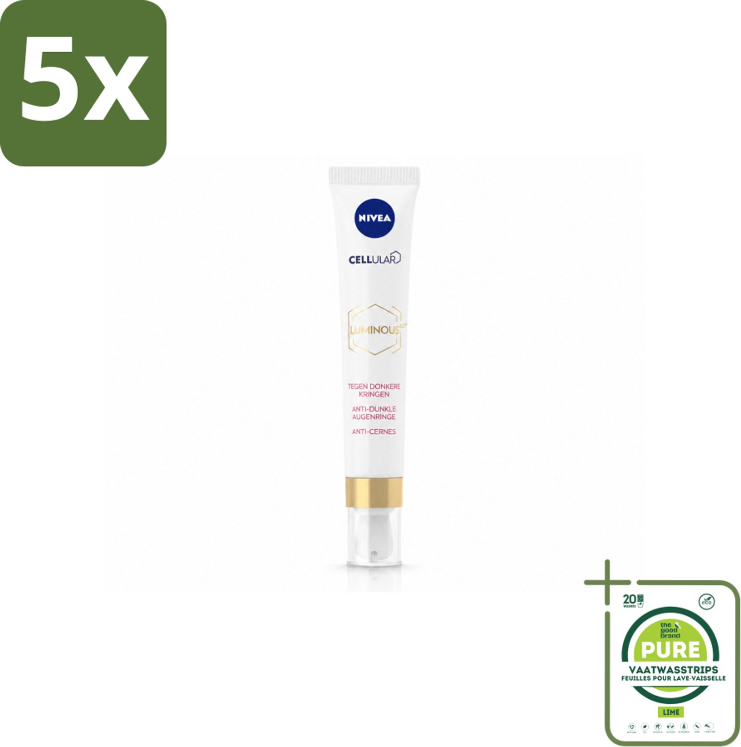 5 x NIVEA - Oogcrème - CELLular LUMINOUS630 - Tegen donkere kringen, wallen & rimpels - Voor alle huidtypen - Met Hyaluronzuur & Cafeïne - 15 ml - Grootverpakking - Vaatwasstrips - Oogcrème - Donkere Kringen - Wallen - Rimpels - Oogcontour