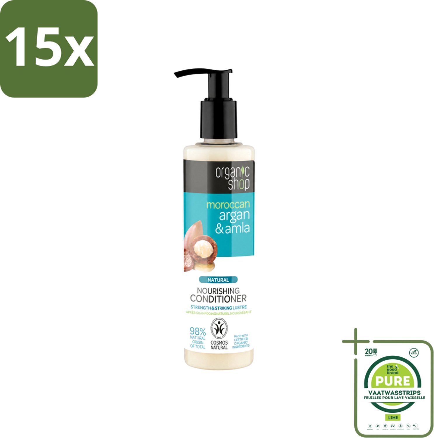 15 x Organic Shop - Conditioner Argan & Amla - Hydraterend en Verzorgend - 280 ml - Grootverpakking - Vaatwasstrips - Gekleurd Haar - Glans - Voeding - Natuurlijke Kleur - Haar Verzorging