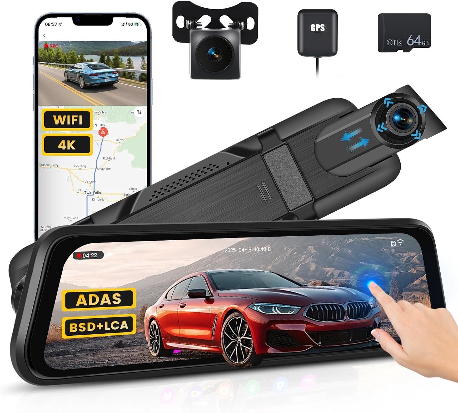 4K achteruitkijkspiegelcamera met wifi, dashcam voor en achter met WDR, 9,7 inch touchscreen, achteruitkijkcamera, reverse assist, ADAS, inclusief 64 GB kaart en GPS