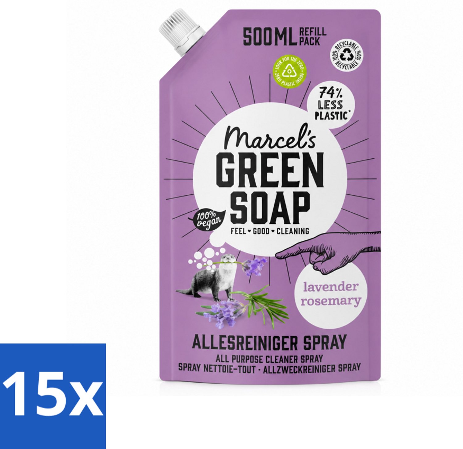 15 x Marcel's Green Soap - Allesreiniger Spray - Navulling - Lavendel & Rozemarijn - Frisse reiniging - 500 ml - Voordeelverpakking - 15 stuks