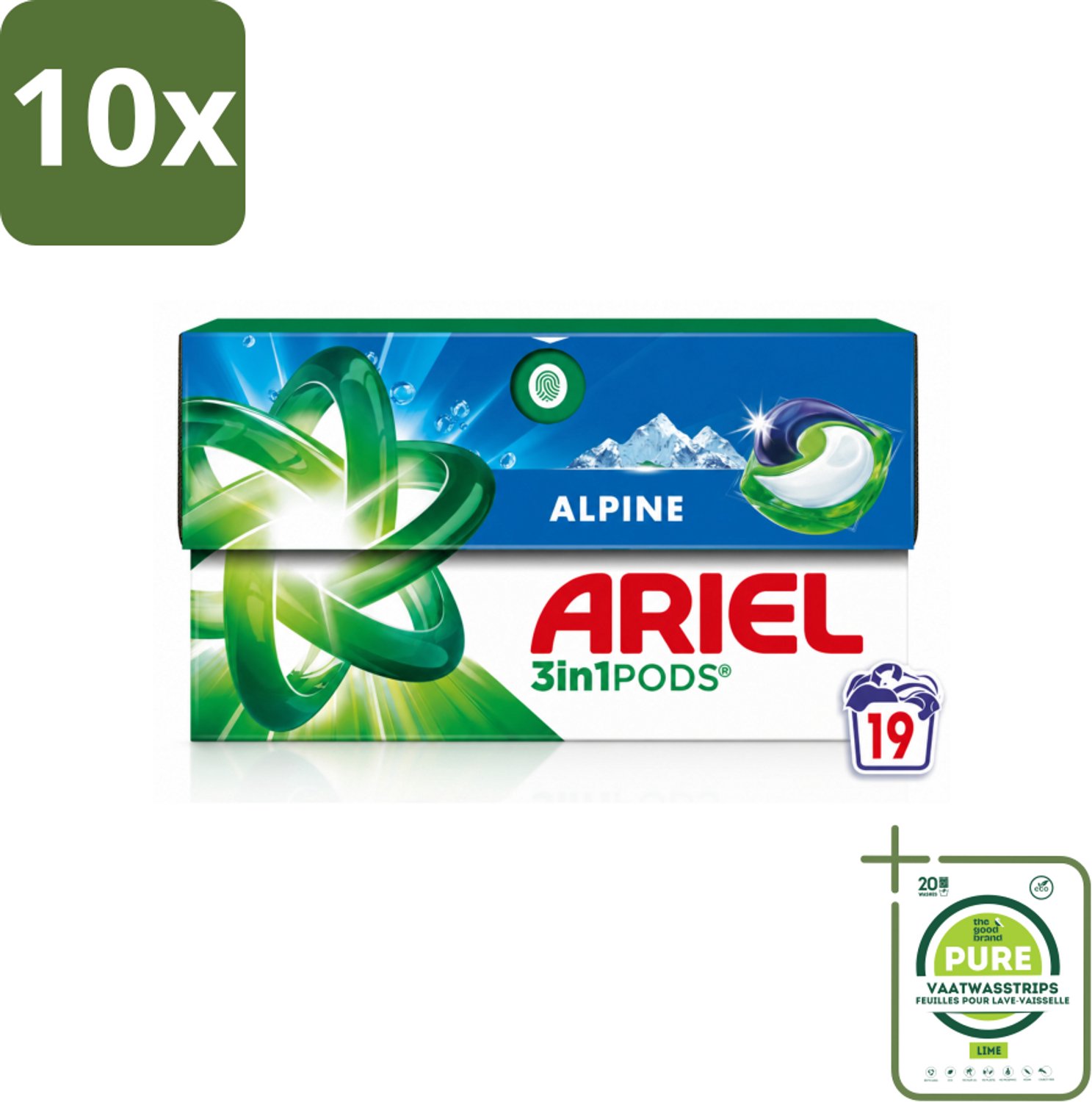 10 x Ariel - 3in1 Wasmiddel Pods - Alpine - 19 Pods - Grootverpakking - Vaatwasstrips - Wasmiddel Pod - Reiniging - Vlekverwijdering - Frisheid - Wasmachine