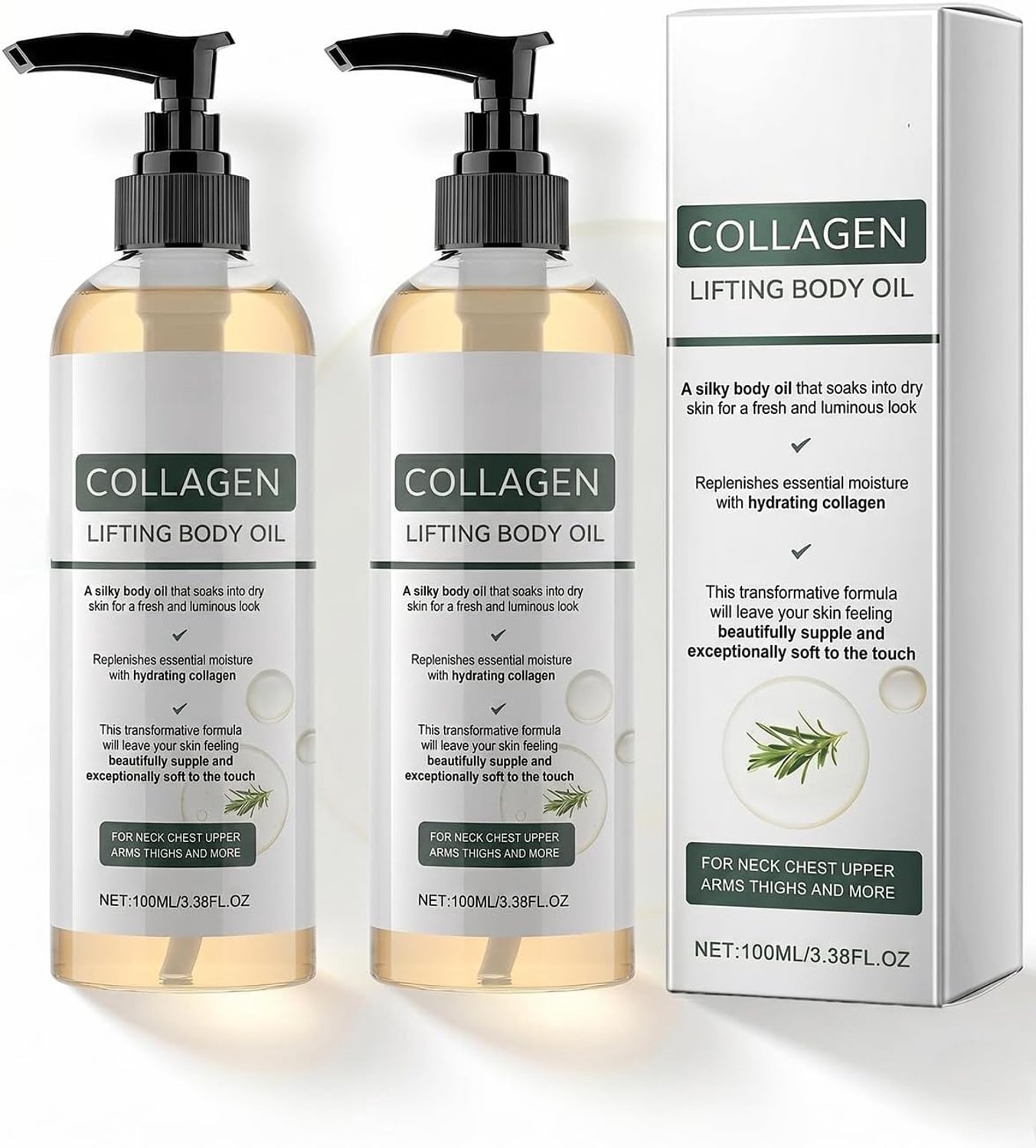 Lichaamsolie voor huidversteviging, 100 ml, rozemarijn, lichaamsolie voor vrouwen, striae verwijderen en hydraterend, verstevigende lichaamsolie voor buik, benen, bovenarmen, hals (2 stuks)