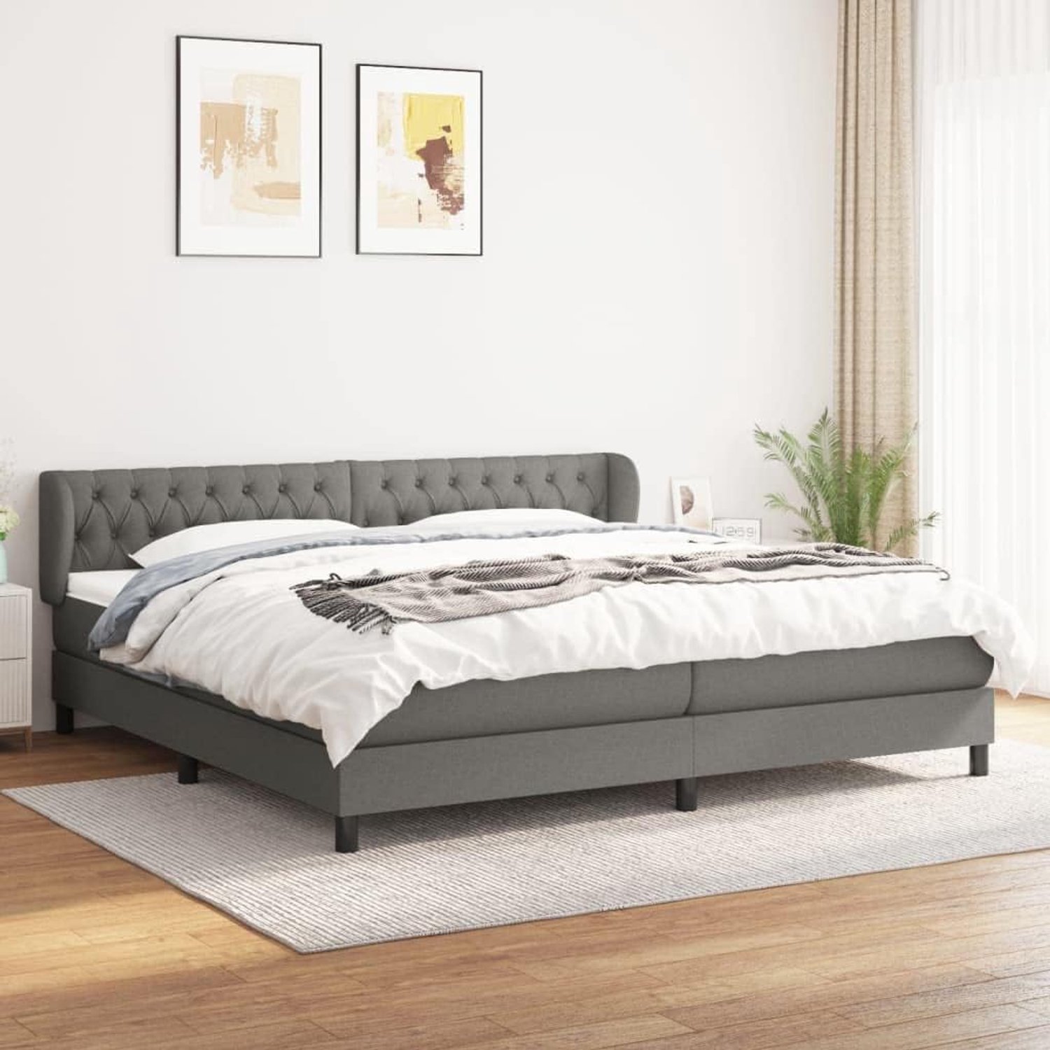 Boxspring met matras stof donkergrijs 200x200 cm pocketvering hoofdbord verstelbaar medium hard slaapkamerbed met topmatras