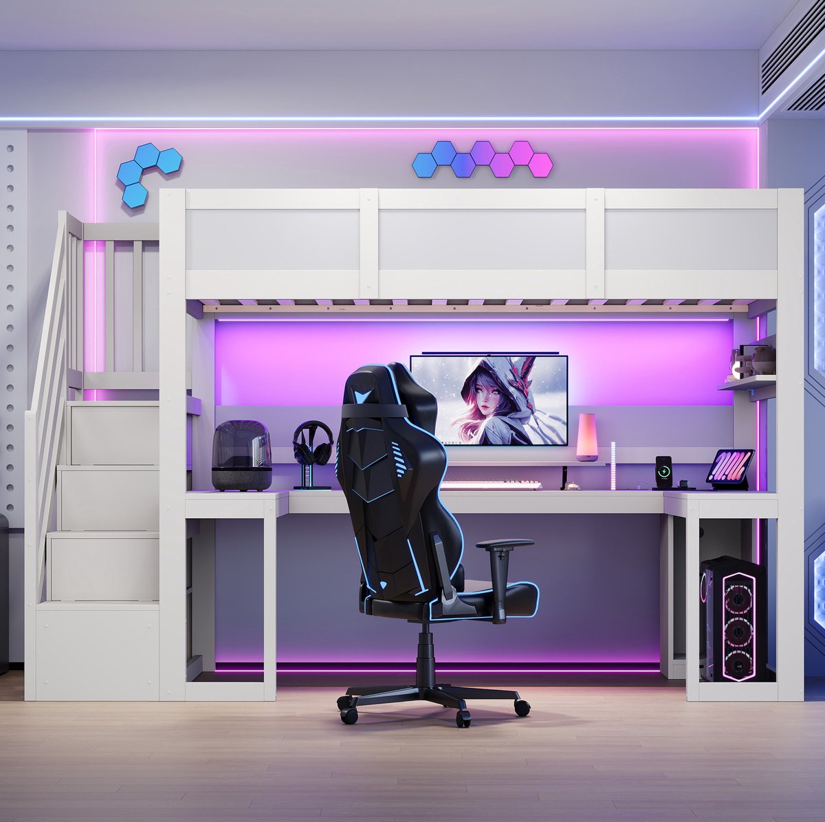REDOM Hoogslaper - Geïntegreerd bureau - Trap met vier opbergvakken - LED-verlichting en USB-aansluiting - MDF en multiplex - Wit - 90 x 200 cm