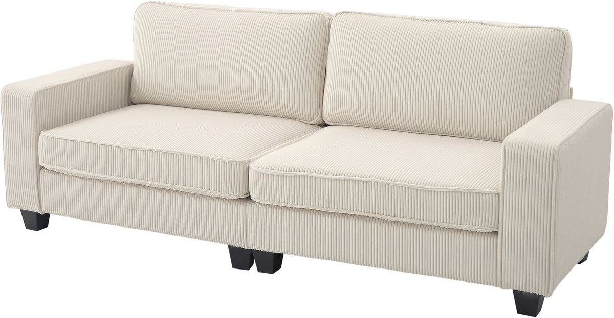 Homona 3-zitsbank van cord - Met armleuningen en kussens - 227 x 84 x 87 cm - Crèmewit