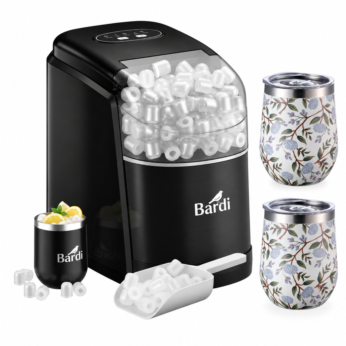 Bardi IJsblokjesmachine Set - 1.6L Zwart - Zelfreinigingsfunctie - IJsblokmaker met IJsschep -met IJsschep - Inclusief Luxe 3 Thermosbekers en Ijsschep- White Flower
