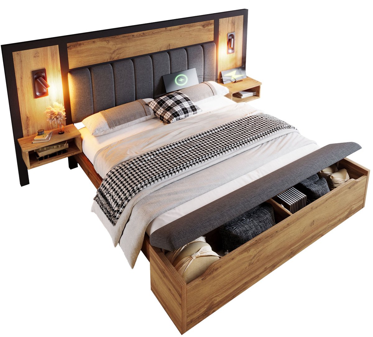 Merax Gestoffeerd Bed 160 x 200 cm - Bed met Leselampen - USB-C Nachtkastje en Opbergbank met Stauraam - Bedframe van Metaal - Hout en Linnen - Eik (Met Matras)