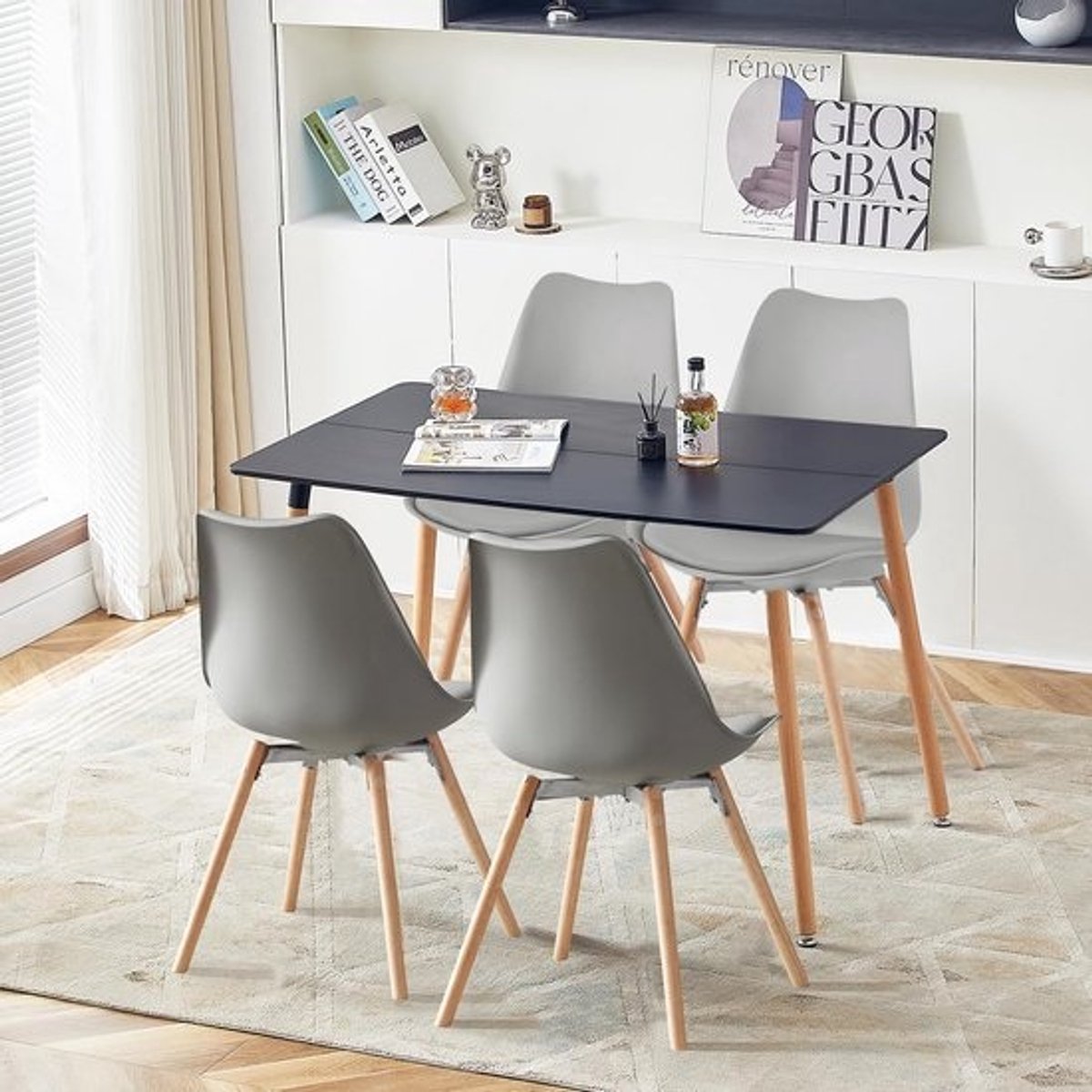 Eethoekset met 4 stoelen - Rechthoekige eettafelset - voor keuken en eetkamer - zwart tafelblad met grijze stoelen