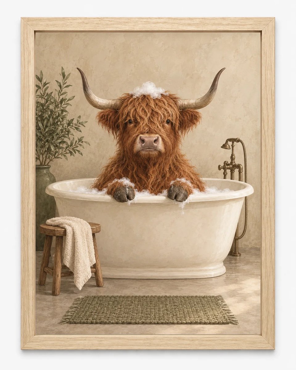 Schotse Hooglander Poster | Hooglander in Bad | Inclusief Lichtbruine A3 Lijst