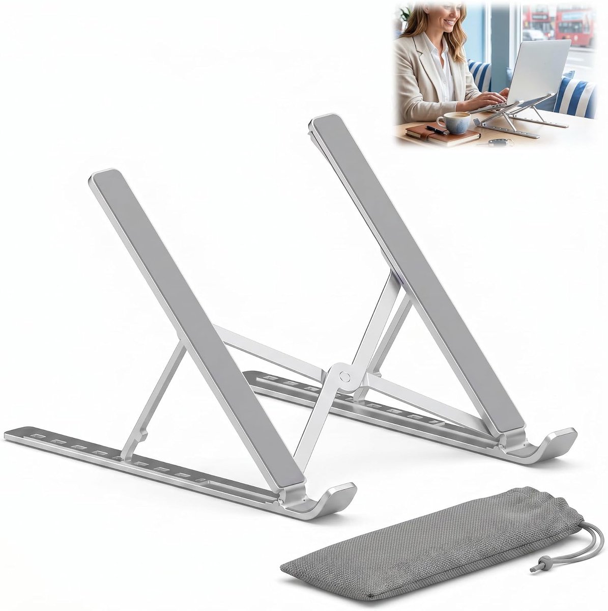 Laptopstandaard, aluminium, verstelbaar, 5 niveaus, ergonomisch, geventileerd, laptops, 10 tot 17,3 inch, opvouwbaar, licht, antislip, bescherming voor werk, thuis