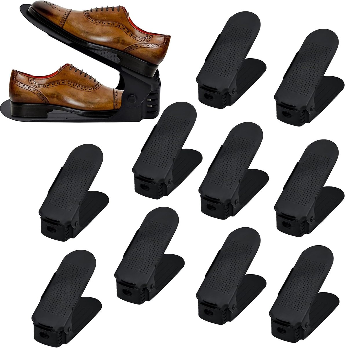 30 stuks schoenenstapelaar, ruimtebesparend, zwart, schoenorganizer, schoenopslag, antislip, schoenenrek met verstelbare schoensleuf, 3-traps verstelling, in hoogte verstelbare schoenhouder
