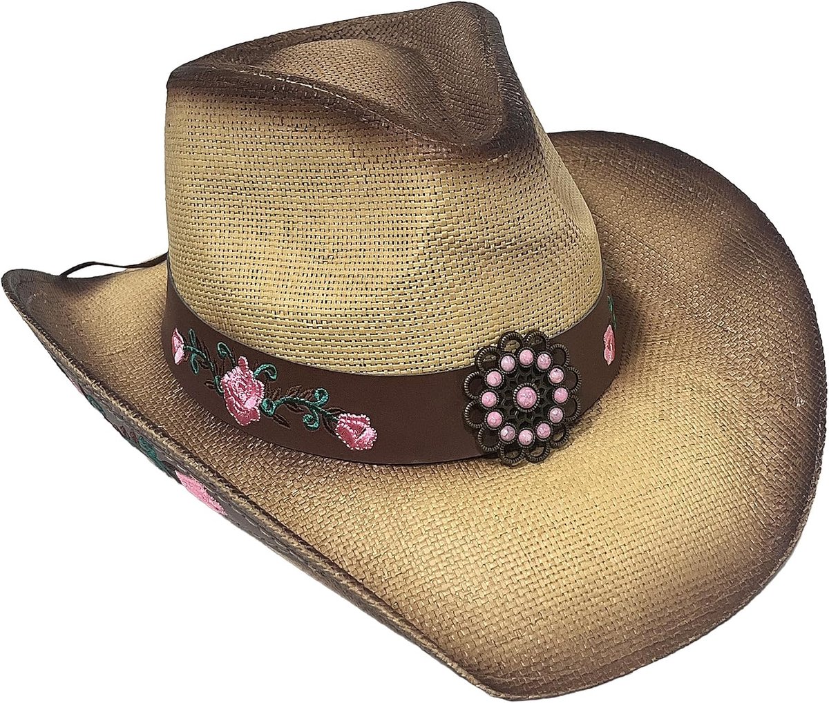Western cowboyhoed met stiergesp en bezaaide band, klassieke stropapieren hoed voor zomer en rodeo's