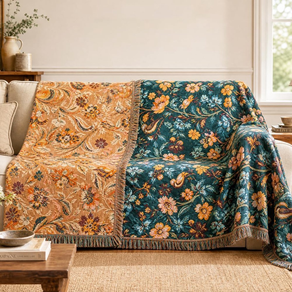 Sprei met franjes, mousseline deken, visgraatpatroon, zomerdeken, boho mousseline sprei, 100% katoen, 250 x 200 cm, dubbelzijdig, zachte knuffeldeken voor bank, ademende zomerdeken, blauw