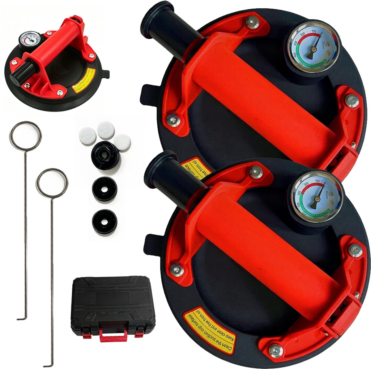 Vacuümzuignappen - 2 stuks - 20 cm - Extra sterke zuignappen voor glas - Zuignappen met automatische start/stop - Zware hefinrichting - Met drukmeter - Geschikt voor glas en laminaat - Draagvermogen 200 kg - Zwart en rood