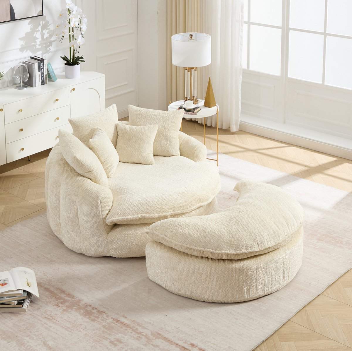MIVRAY Fauteuil 190,5 x 138 x 63 cm - Handmatig Verstelbare Relaxstoel Met Poef En Kussens - Woonkamer En Lounge - Polyester Beige