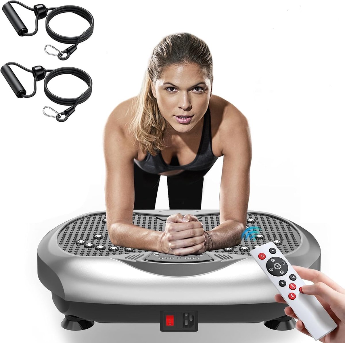 Fitnessapparaat met trilplaat voor training van het hele lichaam, met trilplatform en lymfedrainage voor gewichtsverlies, pilatesstang + weerstandsbanden + afstandsbediening (zilver)