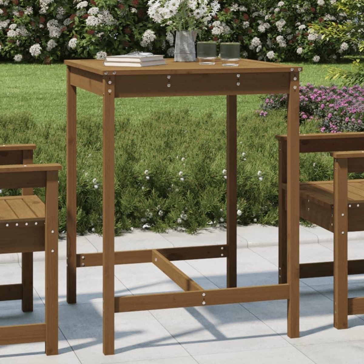 Buitentafel voor terras, balkon, tuinmeubelen, tuintafel, honingbruin, 82,5 x 82,5 x 110 cm, massief grenenhout, tuin, terras, balkon