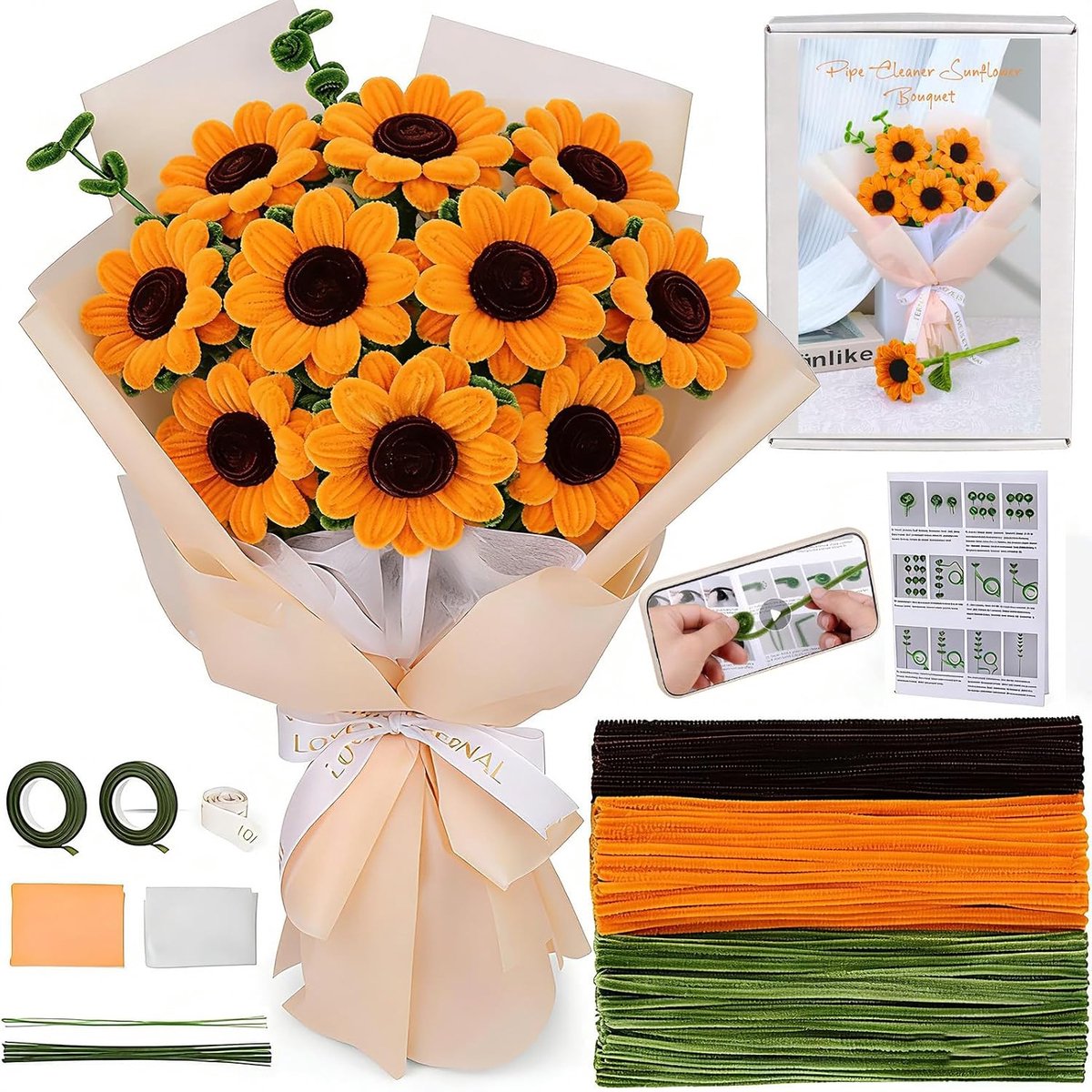 Valentijnsdaggeschenken voor haar, zonnebloemen pijpreinigers kit, 453 stuks pijpenreiniger bloemen bulkambachten, doe-het-zelf bloemboeket met video-tutorials, Galentines daggeschenken voor