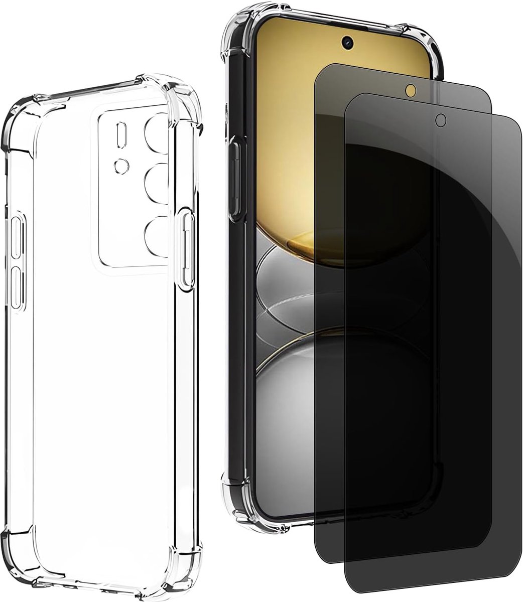 Inkijkbescherming voor Realme C75, 1 TPU-hoes met 2 stuks pantserglas, 9H glas, anti-spy folie, transparante siliconen beschermhoes, anti-geel, slank