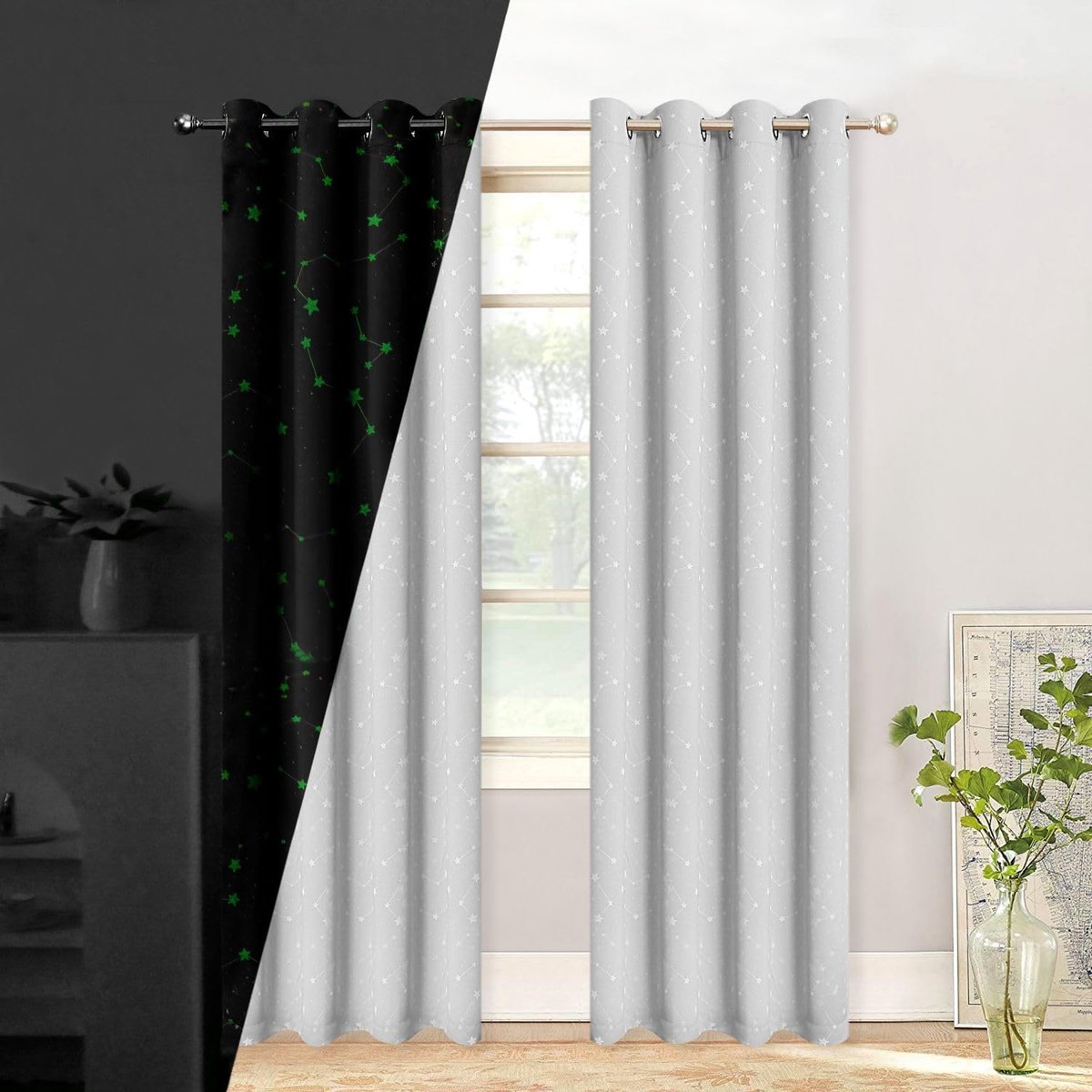Geïsoleerde verduisterende gordijnen voor slaapkamer, gordijnen voor woonkamer en keuken, lichtgevende gloed in het donker na absorberend licht, 2 panelen (grijs/ster, 132 cm x 244