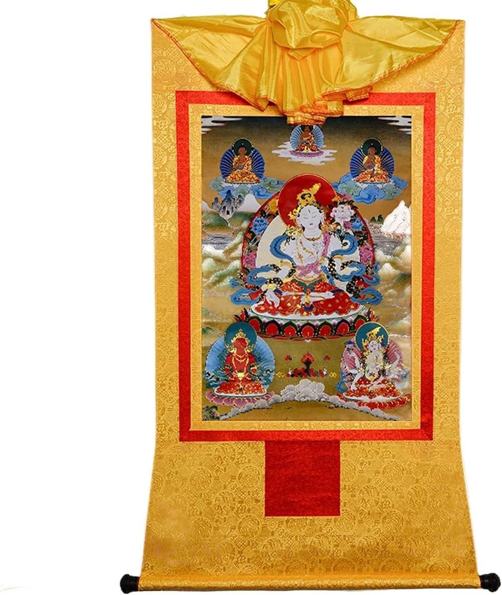 Witte Tara Tibetaanse handgemaakte boeddhistische Thangka Brocade for boeddhistische altaar Zen meditatie (kleur: goud, maat: S) (kleur: Blu, maat: S) (Color : Onecolor, Size : Small)