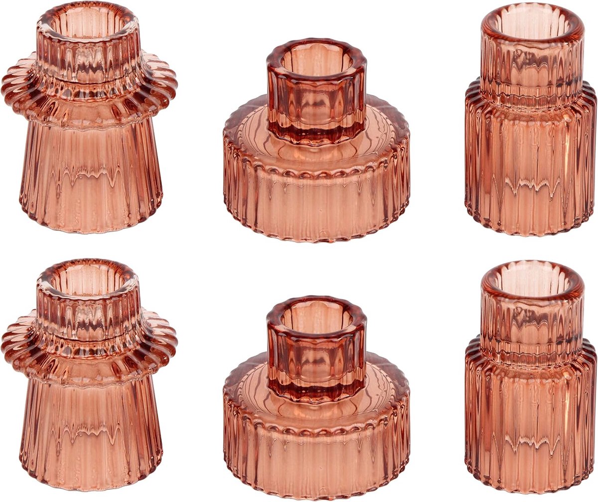 Glazen kandelaarhouders theelicht kandelaars voor tafel middenstukken, bruiloft decor en diner feest (6 stuks, roodachtig bruin)
