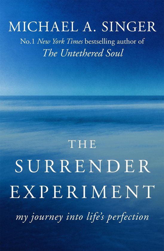 Boek "The Surrender Experiment" van Michael A. Singer, met een oceaan op de achtergrond.