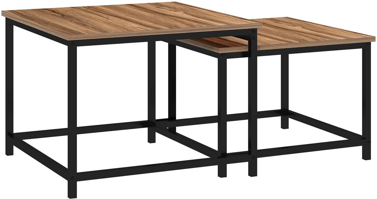 Homona Salontafel set van 2 - Bijzettafels in industrieel design - Houtoptiek - Met stalen frame - 60 x 60 x 45 cm en 54 x 54 x 38 cm