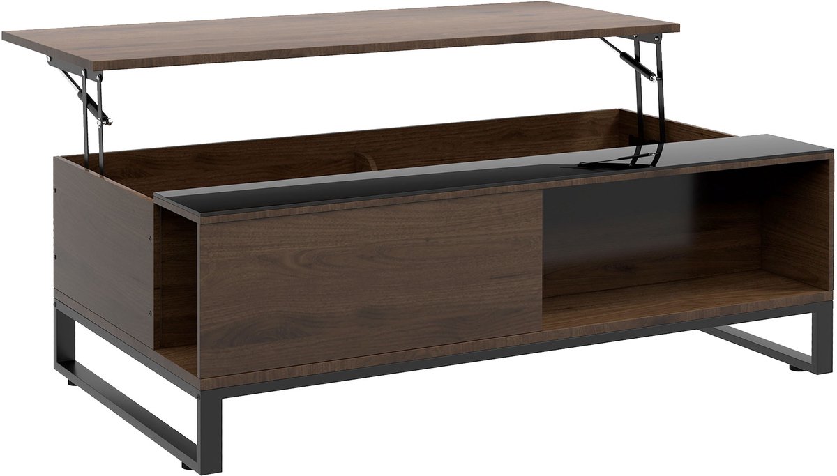 Homona Salontafel met hefblad - Met verborgen opbergruimte en glazen element - 102 x 58 x 35,5 cm - Walnootkleur/Zwart