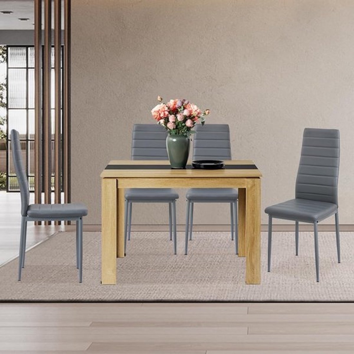 Eetkamerset met tafel en 4 stoelen - Rechthoekig, eikenlook en grijs kunstleer - Compacte zitgroep voor 4 personen