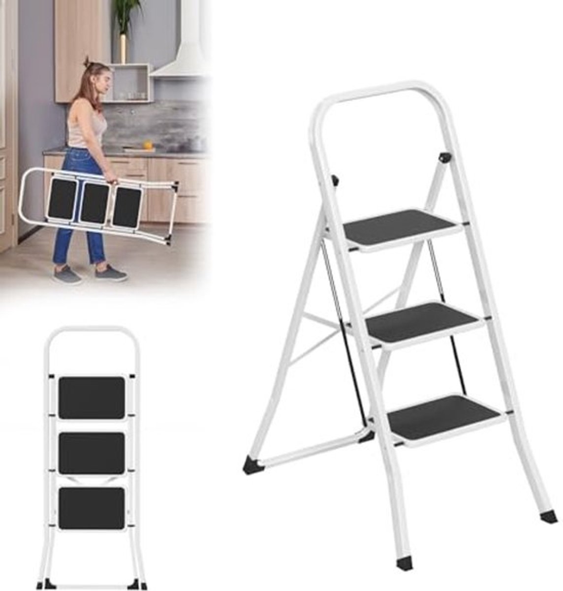 Inklapbare trapladder - 3 treden - Antislip, belastbaar tot 150 kg