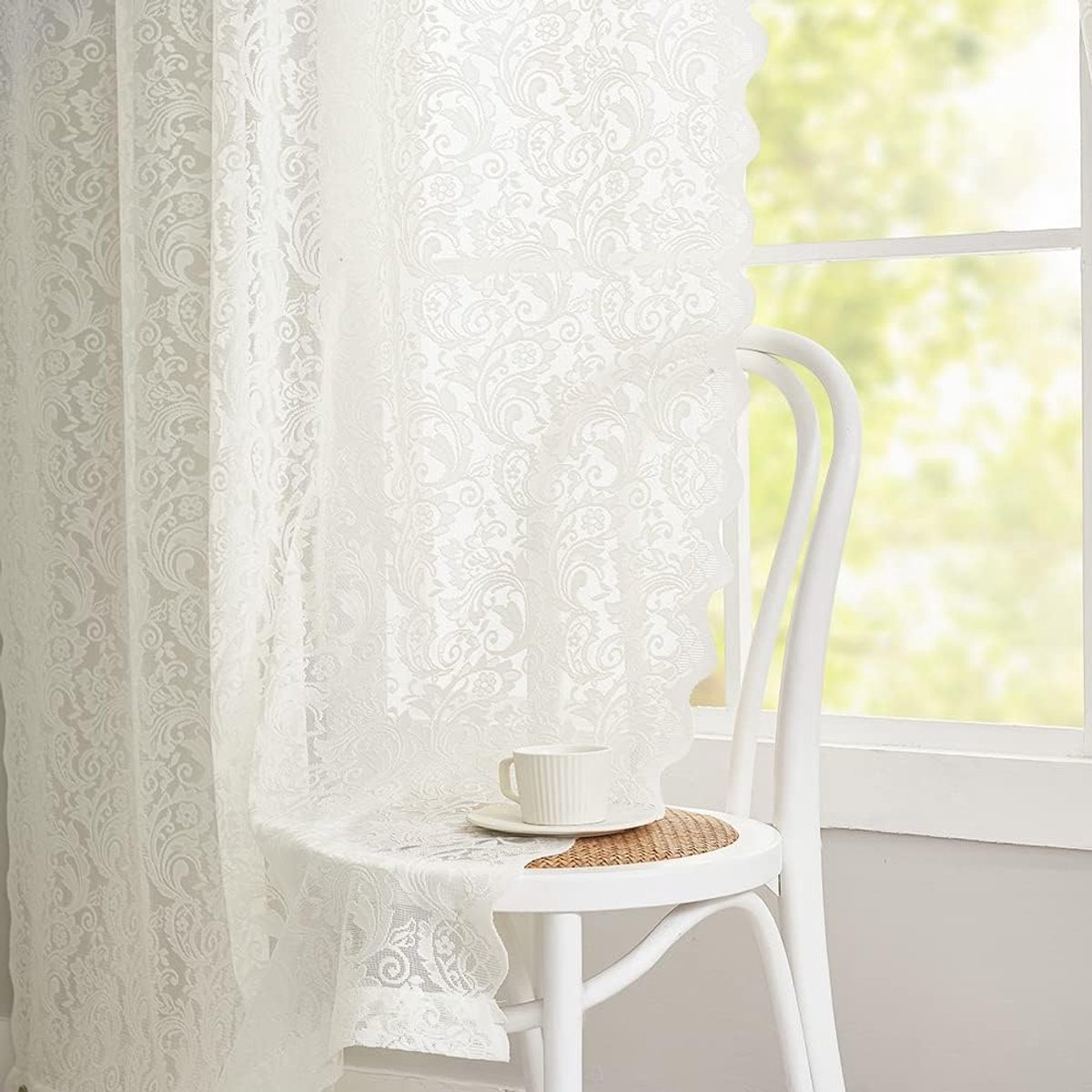 Kanten gordijnen, antieke landelijke kanten vitrage in boho-stijl met paisley-bloemenmotief, voor oude huizen, set van 2, 132 x 244 cm, ivoorwit