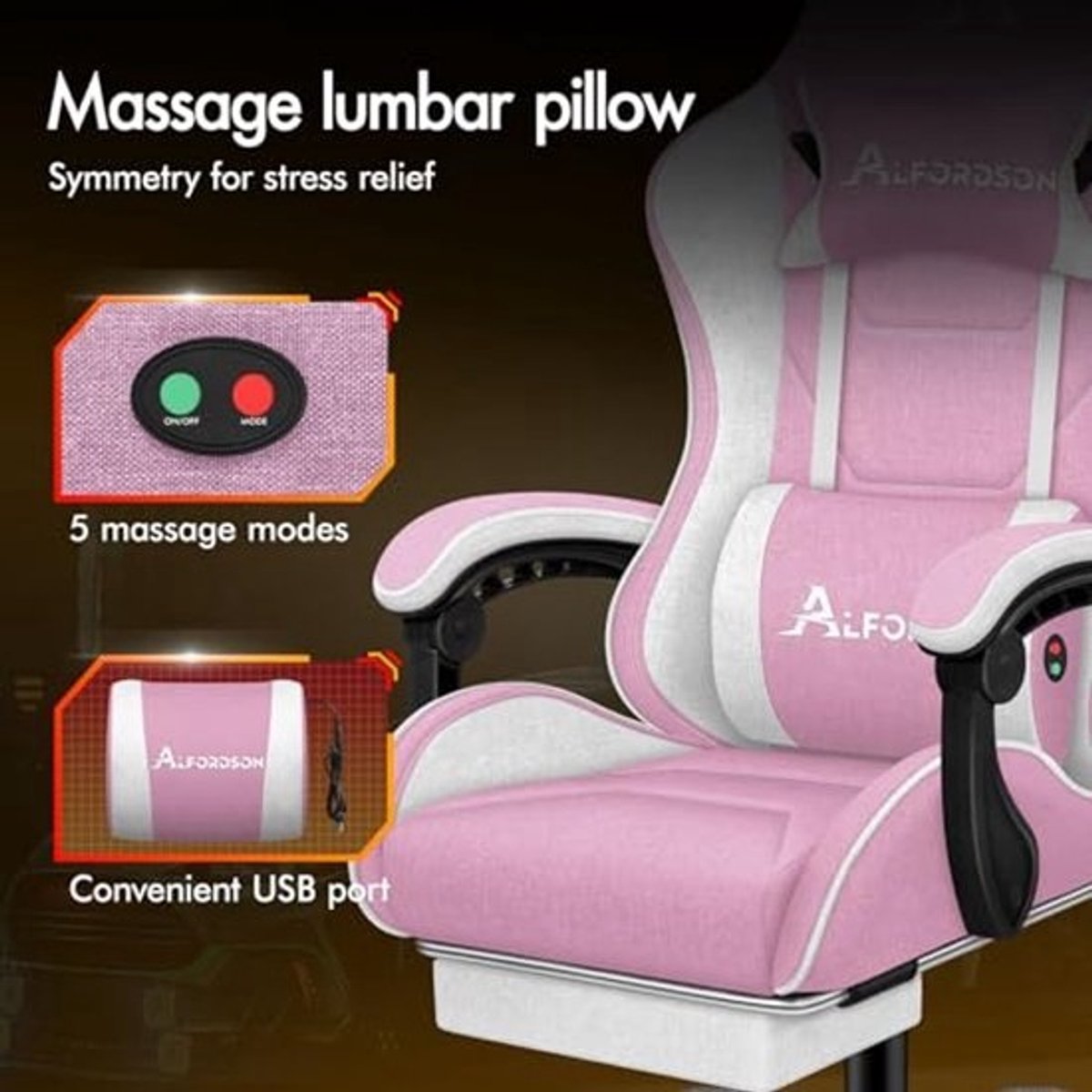 Gamingstoel met massage en ergonomisch ontwerp - Verstelbare roze racestoel met voetensteun