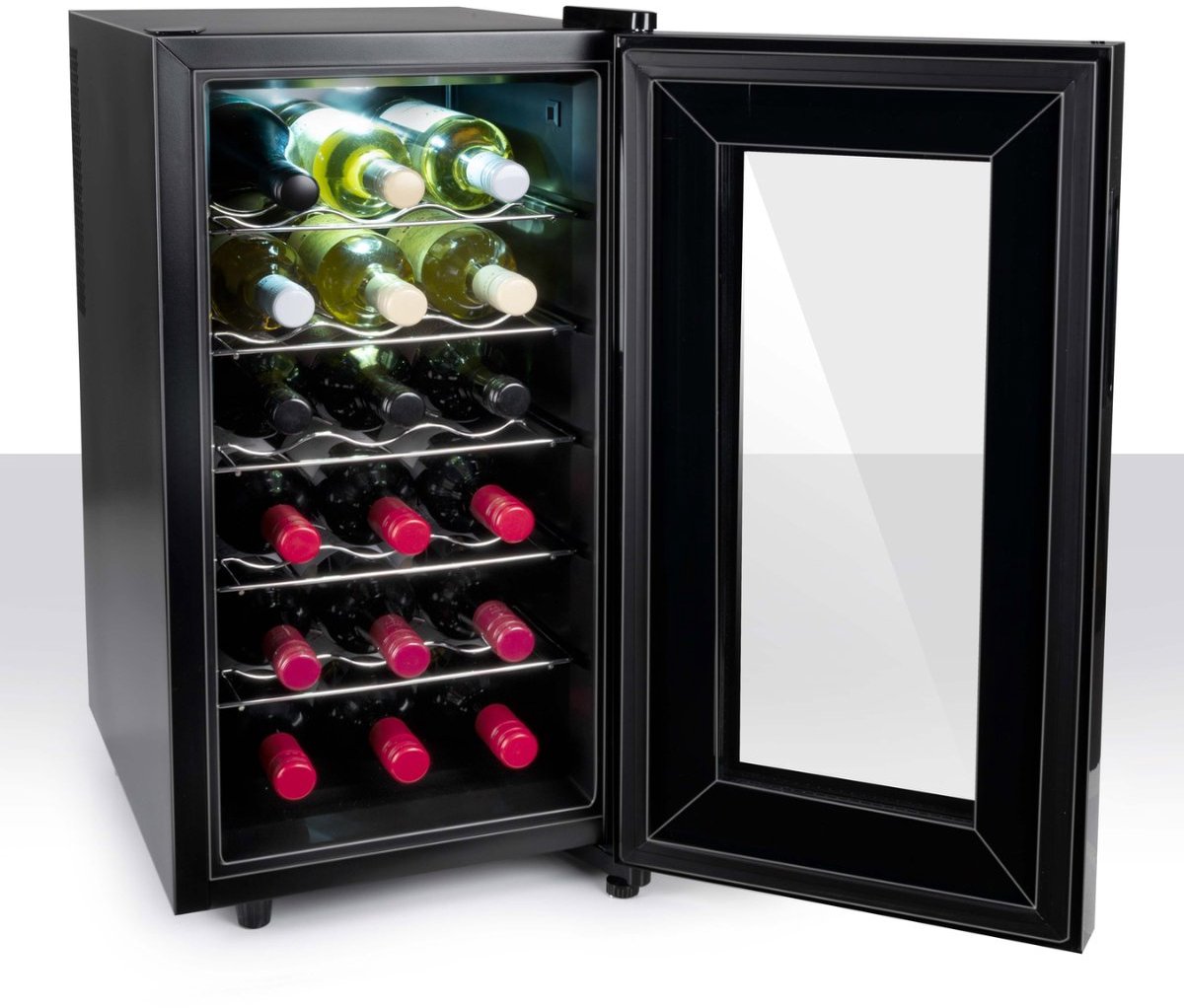 alpina Wijnkoelkast 50L – Wijnklimaatkast Vrijstaand voor 18 Flessen – Wijnkoeler zonder Compressor – Wijnkoelkast met Glazen Deur en LED Verlichting – 66 x 34,5 x 49cm – Zwart