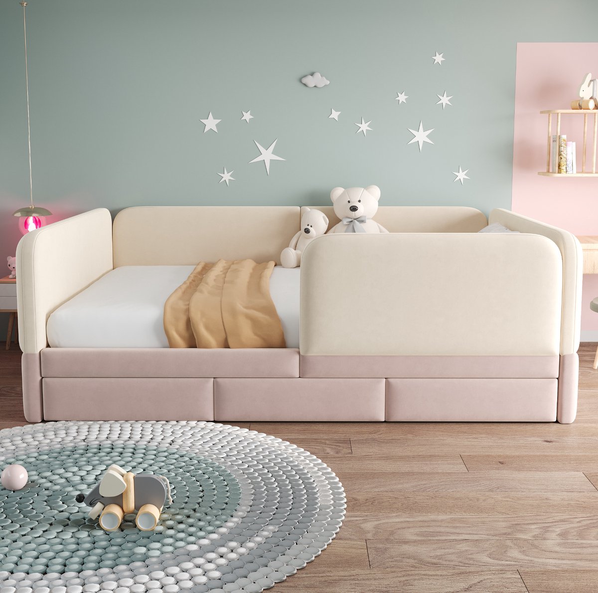 REDOM - Kinderbed - Veiligheidsrand rondom - Afgeronde hoeken - 3 opberglades - Fluwelen bekleding - Beige en roze - 140 x 200 cm