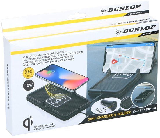 Dunlop 2-in-1 draadloze telefoonoplader en houder met 10W laadvermogen en 2x USB-poorten.