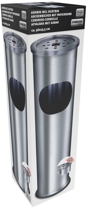 Roestvrijstalen staande asbak met grijze openingen en "STAINLESS STEEL" logo. Afmetingen ca. 56x15.5 cm.