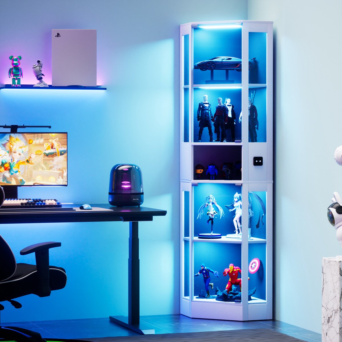 DESMIU Vitrinekast Met LED Verlichting En Bewegingssensor Glazen Deuren Voor Woonkamer Slaapkamer En Kantoor MDF Glas 57x40x165 Cm Wit
