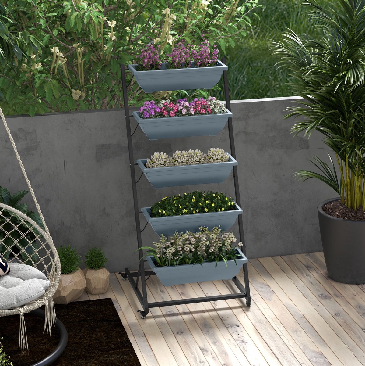 Plantenstandaard – 5 Niveaus Met Rollen – 65 x 67 x 145 cm – Staal – Grijs – Binnen en Buiten – Voor Balkon