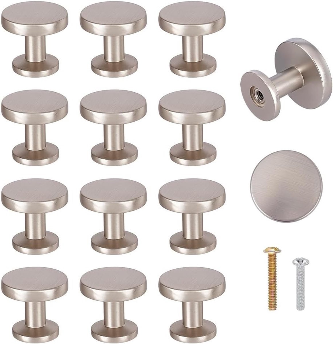 12 sets legering ladegrepen met schroeven voor kastdeuren, commodes en keukenkasten - platte ronde handgrepen in platina kleur