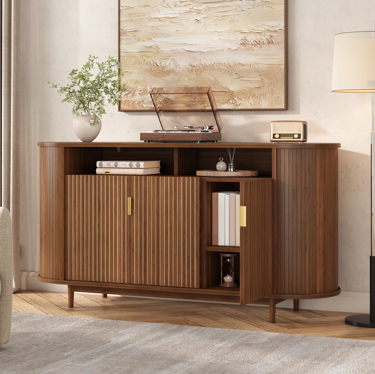 REDOM - Dressoir - 3 deuren - Verticale lijnenstructuur - Gesloten opbergruimte - MDF en spaanplaat - Modern design - Woonkamer en eetkamer en hal - Nussbaum - 140 x 40 x 78 cm